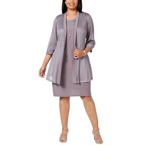 R&M Richards Two-Piece Shift Cocktail Dress and Sparkly Jacket Size 14W Silver